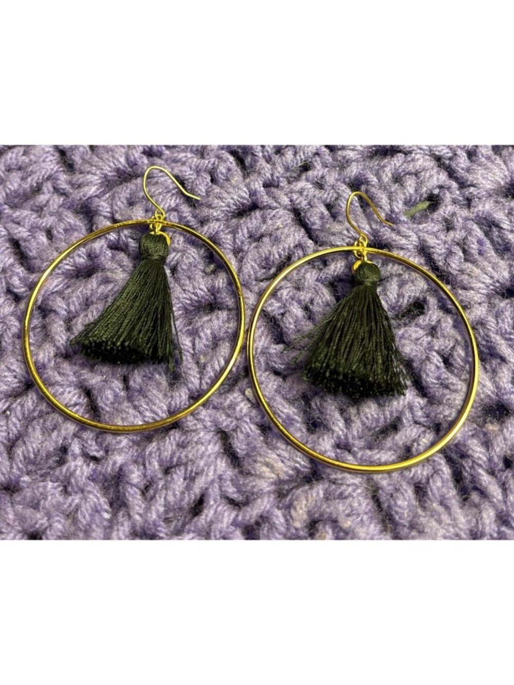 Goldtone Hoop Dangle Earrings Black Tassels 2 inches